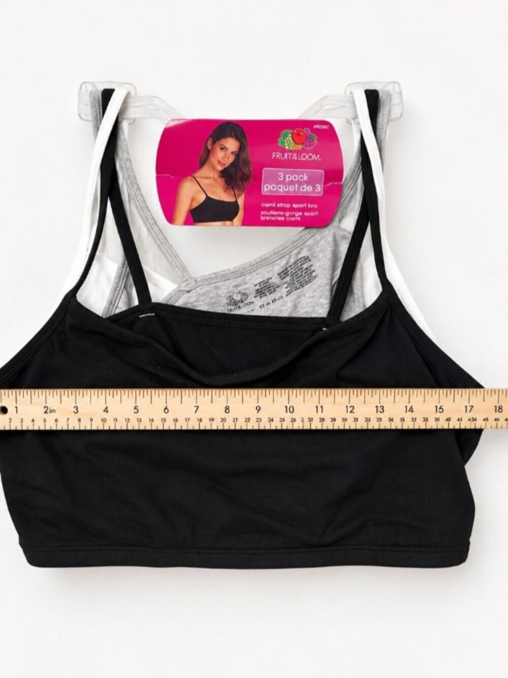 Fruit of the Loom Womens 42 Cami Strap Sports Bra 3 Pack Black White Gray Cotton - Picture 3 of 6
